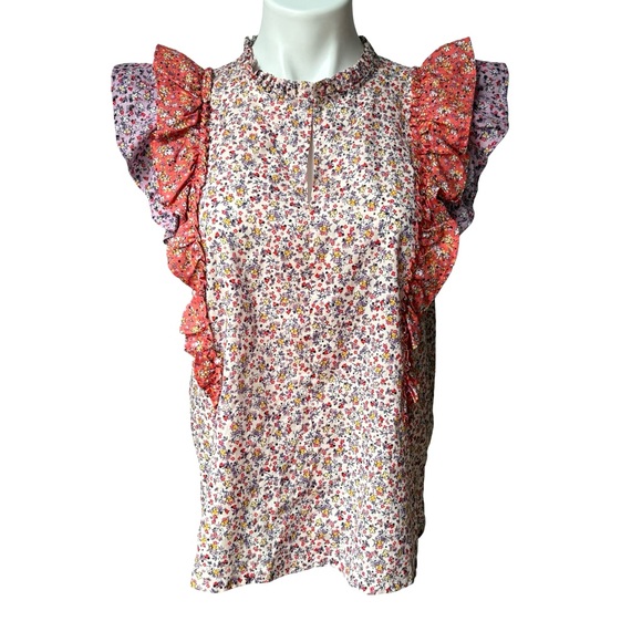 Ann Taylor Purple Orange Floral Ruffle Flutter Keyhole Button Blouse, Sz M - Picture 3 of 14